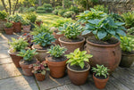 Hosta's en varens in terracotta potten met Dekwol: afbreekbare mulch van schapenwol als bodembedekking